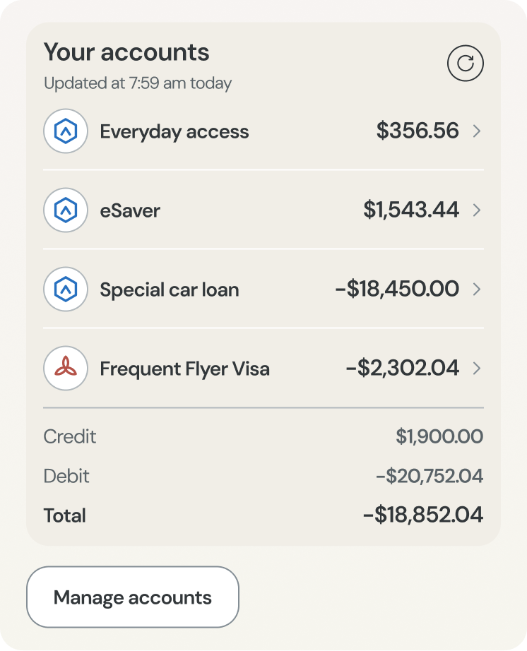 Lucie account list showing four accounts with their balances and a combined credit, debit and total position