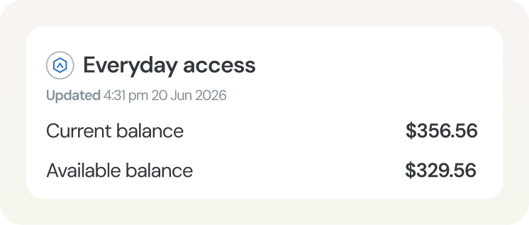 Balance card for an everyday access account showing the current and available balance