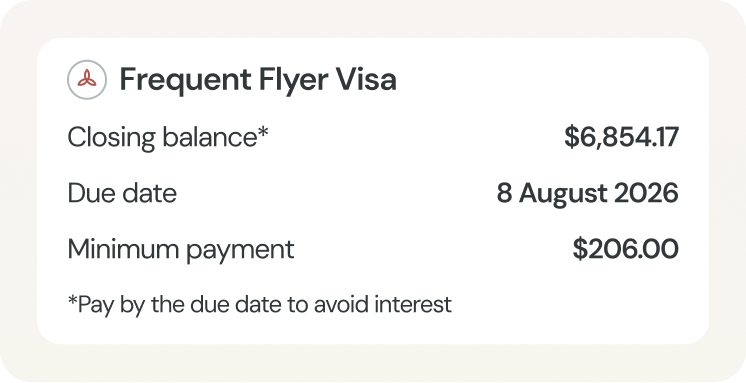 Payment card for a credit card account showing the closing balance, the due date and the minimum payment
