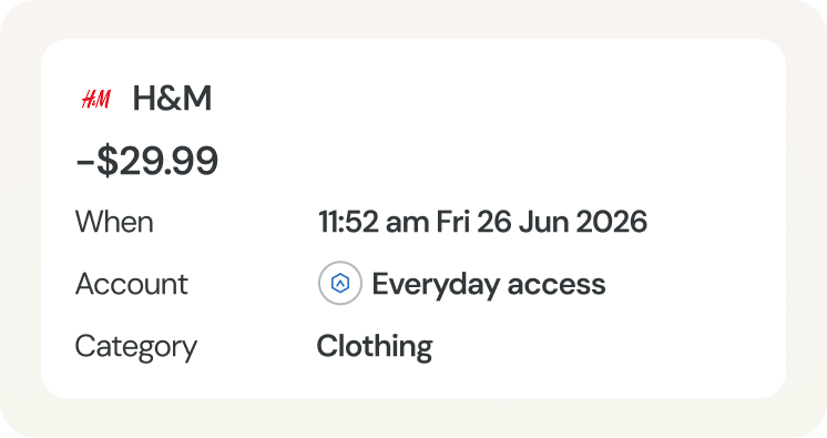 Transaction detail card showing a single purchase with its amount, time, account and category